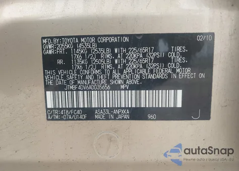 2010 Toyota Rav4 from USA, damaged, VIN JTMBF4DV6AD035656